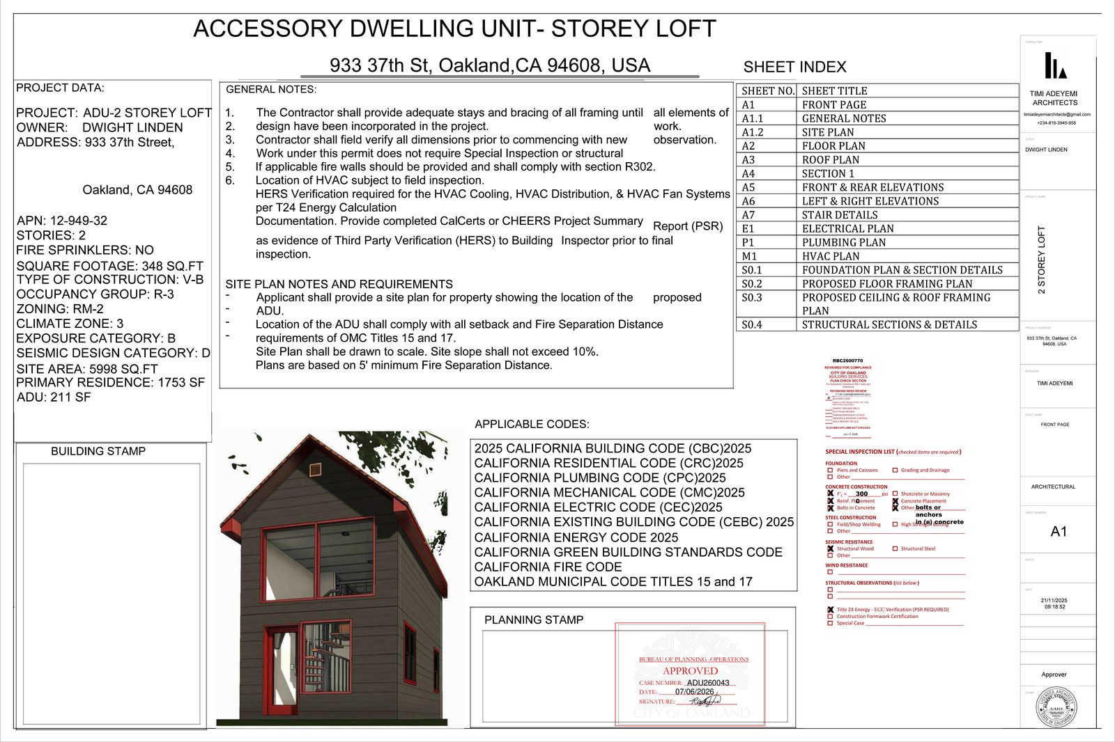 Approved ADU plan cover sheet with City of Oakland planning approval stamp, case ADU260043